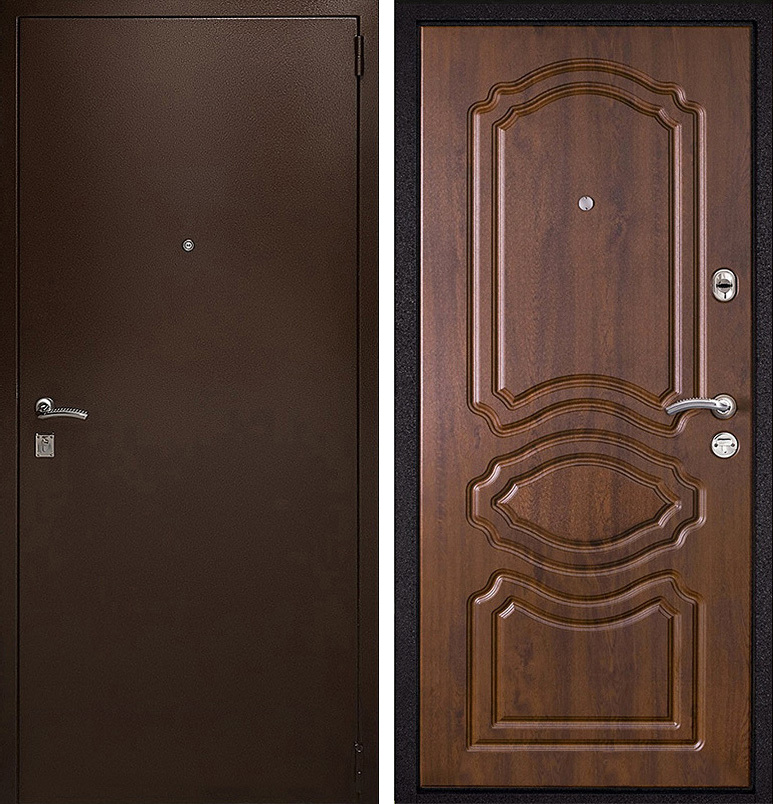 Стальная дверь ЛД-305 открывание вовнутрь помещения МДФ махагон и порошок